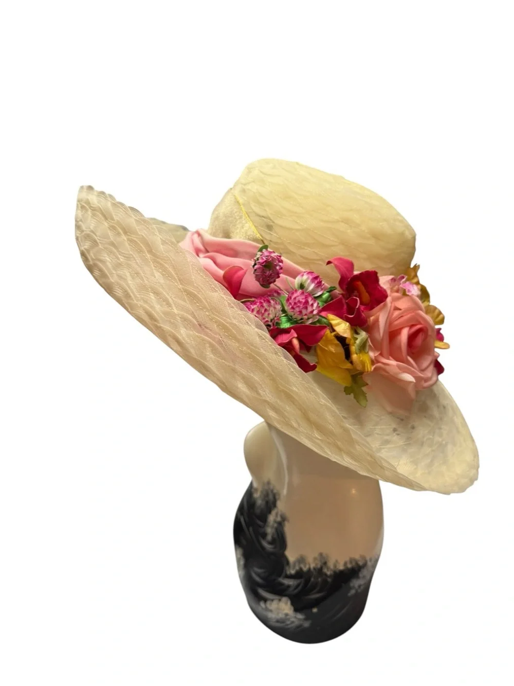 NWT Eric Javits Cream Wide-Brim Straw Hat with Pink Yellow Floral 17” - Picture 2 of 13